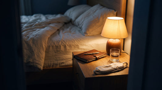 A dim bedroom at night: bedside lamp, notebook and pen, glass of water and a folded silk sleep mask
