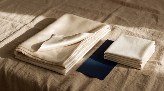 Folded ivory mulberry silk pillowcase beside folded cotton, showing the difference in sheen