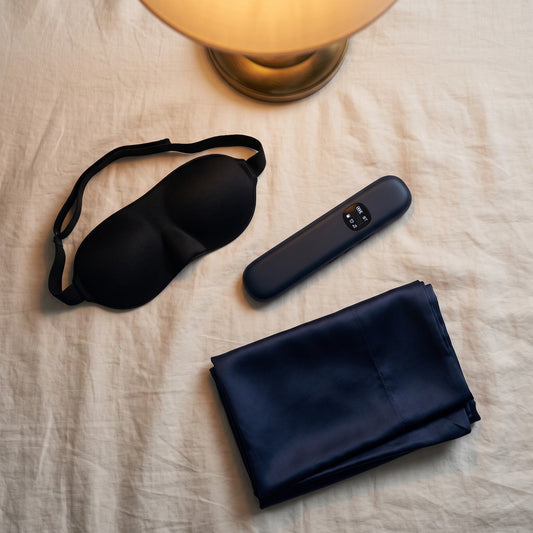 The Night Set — contoured mask, under-pillow speaker, silk pillowcase